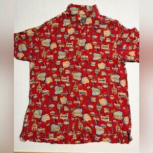 y2k lizwear red 'famous motels' aop ss button up dress shirt, men's medium #1355